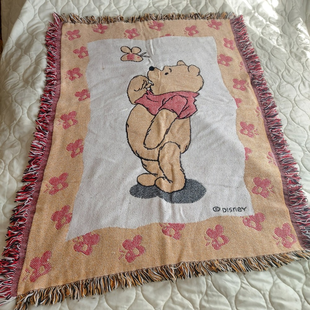 Vintage Disney Winnie the Pooh Woven Tapestry Throw Blanket Fringed 46x32